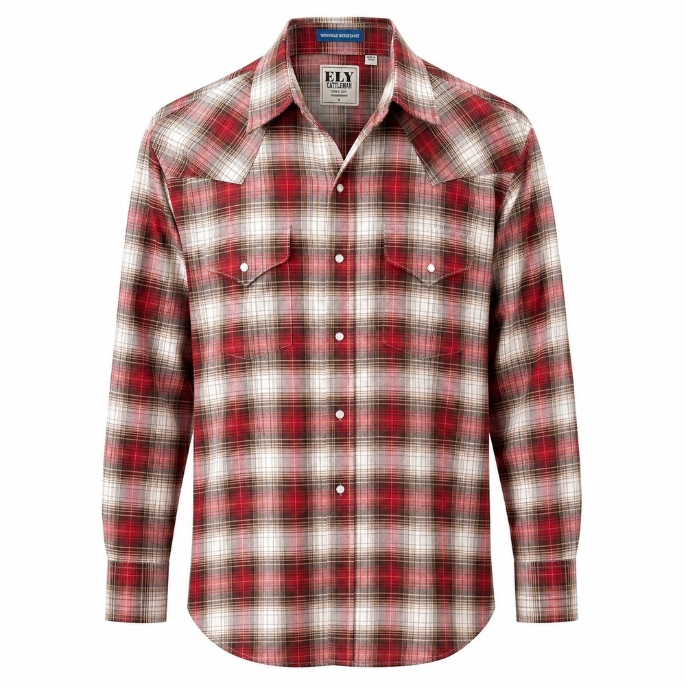 Ely Cattleman Western Shirt Men Large Red Plaid Excellent Pearl Snap Wrinkle Res - Picture 2 of 8